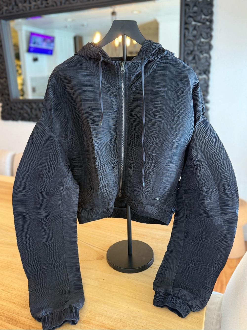 ALO Yoga Black Textured Cropped Bomber Jacket with Hood